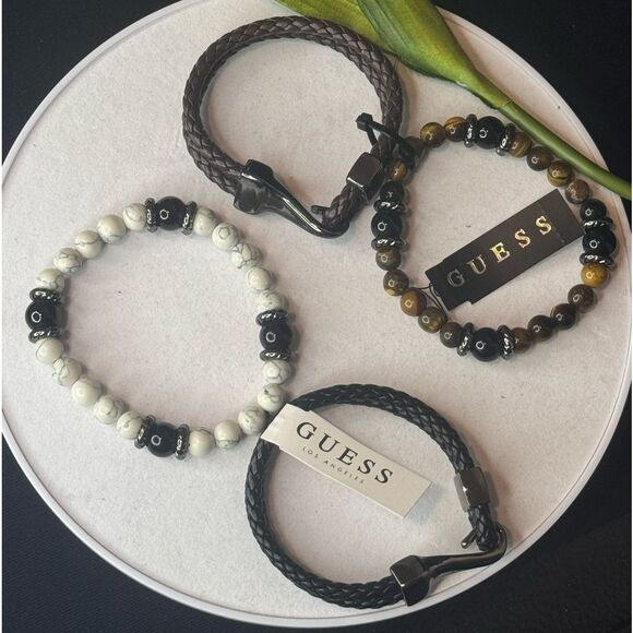 Guess 2 Piece Brown Leather & Marble Stretch Bracelet Unisex - Picture 4 of 6